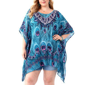 Indie Boutique Blue Sheer Beaded Tunic Kaftan One Size Boho Festival Top new